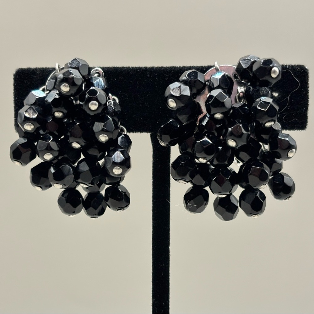 Vintage Coro Black Bead Crystal Dangle Waterfall Cascade Screw Back Earrings